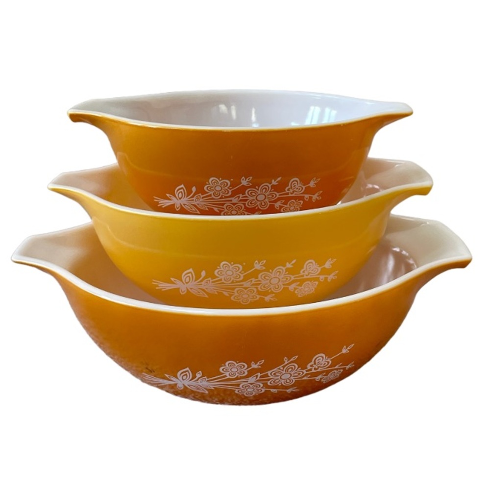 Vintage Pyrex Bowls Set Butterfly Gold Cinderella Butterflies 3 Pc Antique MCM - Picture 16 of 16